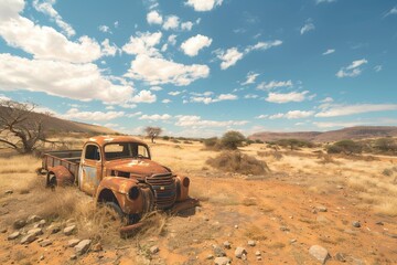 Old rusty truck and car wrecks in the desert of maracay. South African rural landscape with old cars, trucks and farmer's vehicles at ghost town graveyard on the road to well temple, location for movi