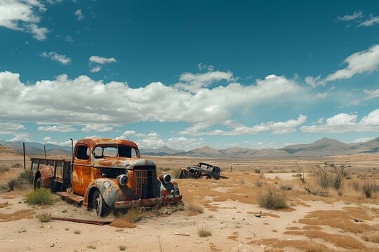 Old rusty truck and car wrecks in the desert of maracay. South African rural landscape with old cars, trucks and farmer's vehicles at ghost town graveyard on the road to well temple, location for movi