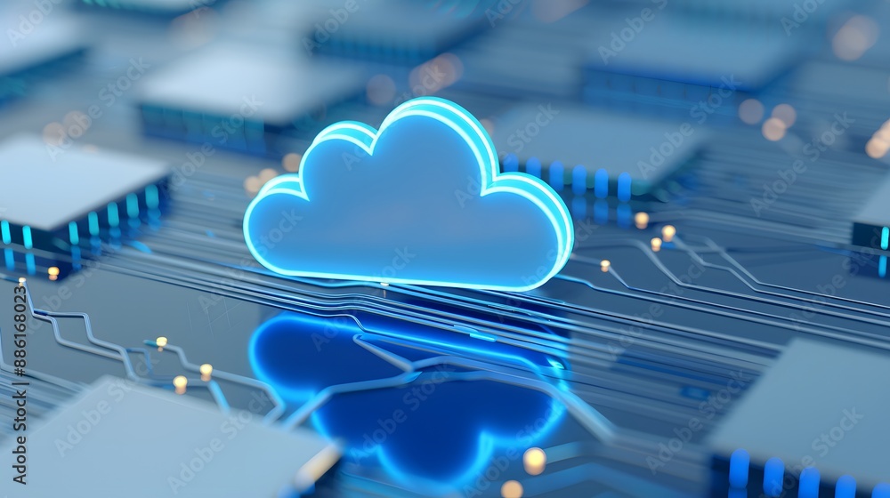 Aufkleber blue illuminated cloud icon on a digital circuit board symbolizing cloud computing and data storage 