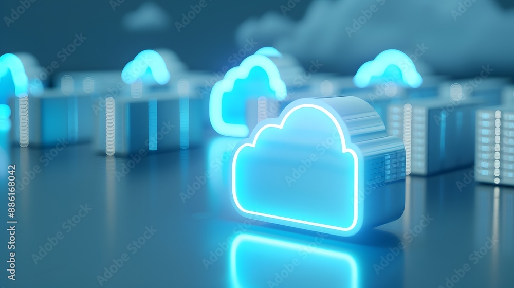 Poster blue neon cloud icons represent cloud computing and data storage solutions in a futuristic and techn