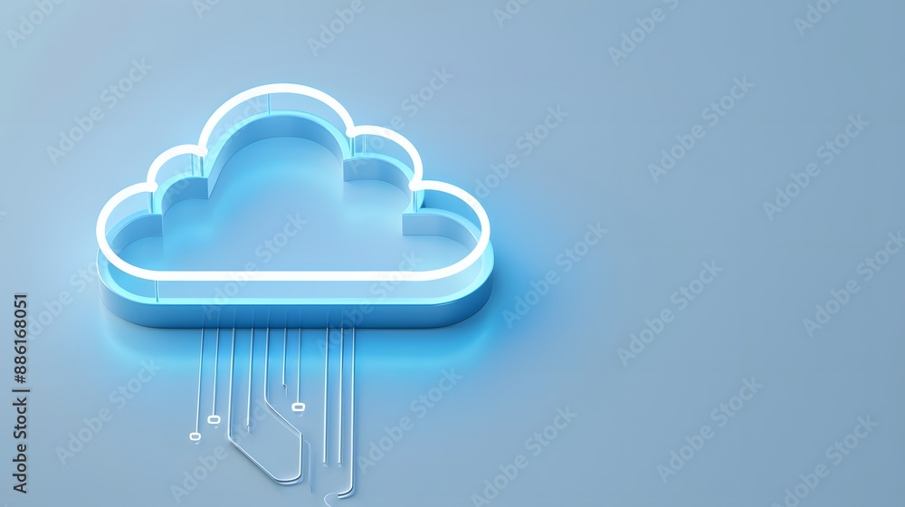 Poster blue neon cloud-shaped icon with circuit lines on a light blue background, symbolizing cloud computi