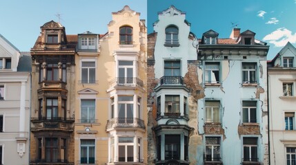 Fototapeta premium Comparison of Old Building and Newly Renovated Building, Split View, AI-Generated, 4K High-Resolution Wallpaper