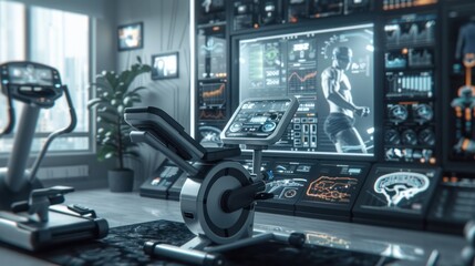 Futuristic Smart Gym Corner with Digital Workout Screens and Modern Fitness Equipment, Generative Ai
