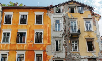 Fototapeta premium Comparison of Old Building and Newly Renovated Building, Split View, AI-Generated, 4K High-Resolution Wallpaper