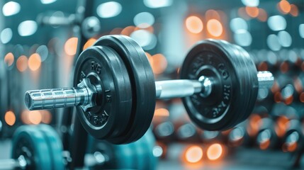 Naklejka premium Shiny Dumbbells on a Gym Rack in Fitness Center with Blurred Equipment Background - Concept of Weightlifting and Workout, Generative Ai