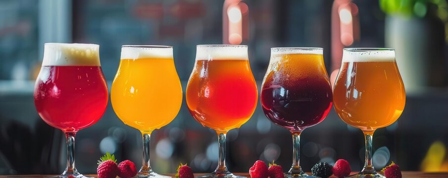 Flight of sour beers with colorful fruit garnishes, craft beer, sour beer variety