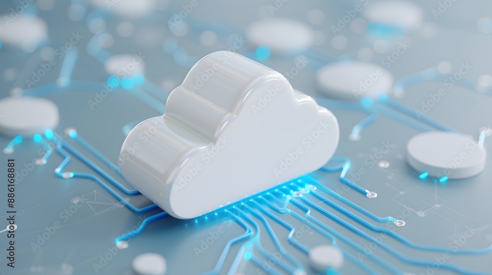 Aufkleber cloud computing concept image showcasing a white cloud icon integrated with blue circuit lines on a 