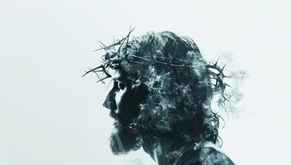 Double exposure of Jesus Christ with crown of thorn and the cross in a white background. Digital artwork.