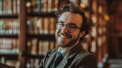 Fototapeta premium Portrait of a Male Historian in Formal Attire, Smiling Broadly in a Library with History Books, Showing His Passion and Expertise in History and Academic Research, Waist Up 