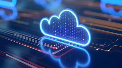 Cloud computing concept with a glowing blue cloud symbol on a futuristic circuit board, representing data storage and digital connectivity. 3D Illustration.