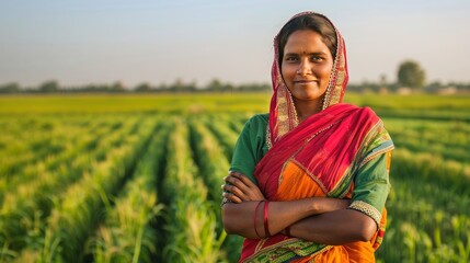 Indian Woman Farmer with Red Scarf Standing Confidently in Green Agricultural Field