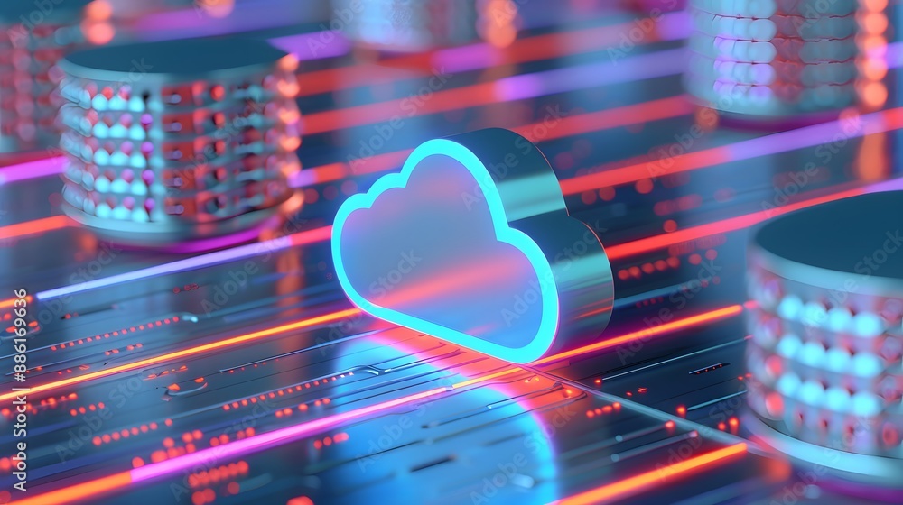 Poster cloud computing concept with digital data storage, server technology, futuristic blue and red lights