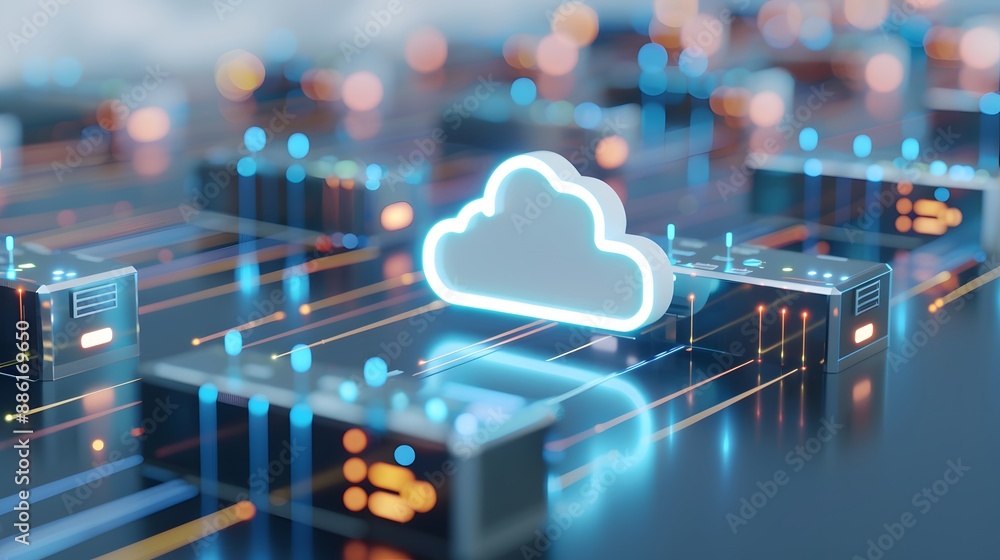 Poster cloud computing concept with digital server infrastructure and illuminated cloud symbol on technolog