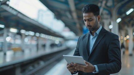 Confident Indian Businessman in Suit Using Tablet at Busy Metro Station Platform
