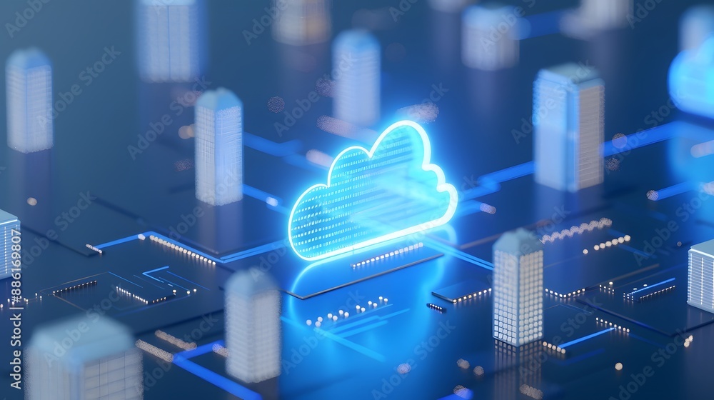 Aufkleber cloud computing concept with neon cloud icon and digital cityscape. futuristic technology and data s