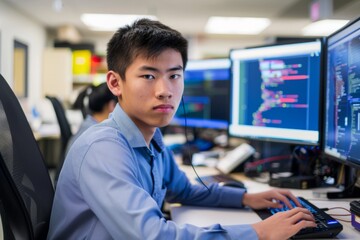 Professional Photography of young Asian scientist programming a simulation on a computer, Generative AI