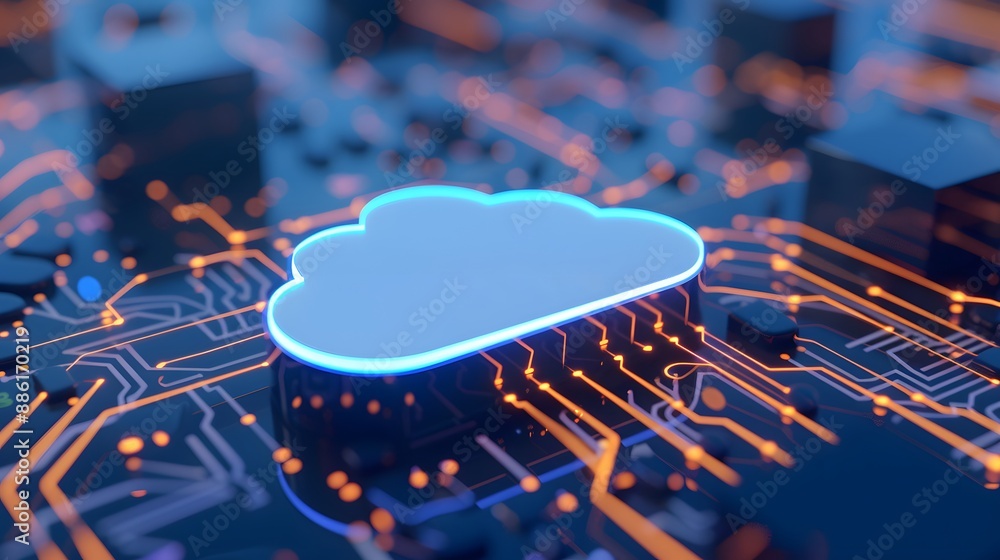 Poster cloud computing technology concept with a digital cloud symbol in a high-tech circuit board. blue an