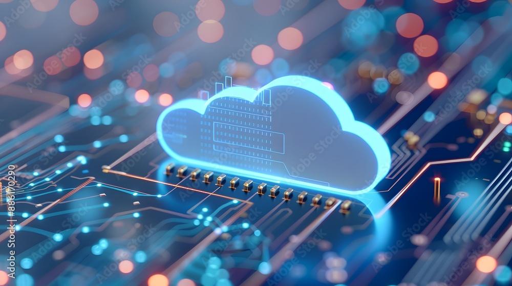 Poster cloud computing technology concept with a digital cloud icon on a circuit board, representing data s