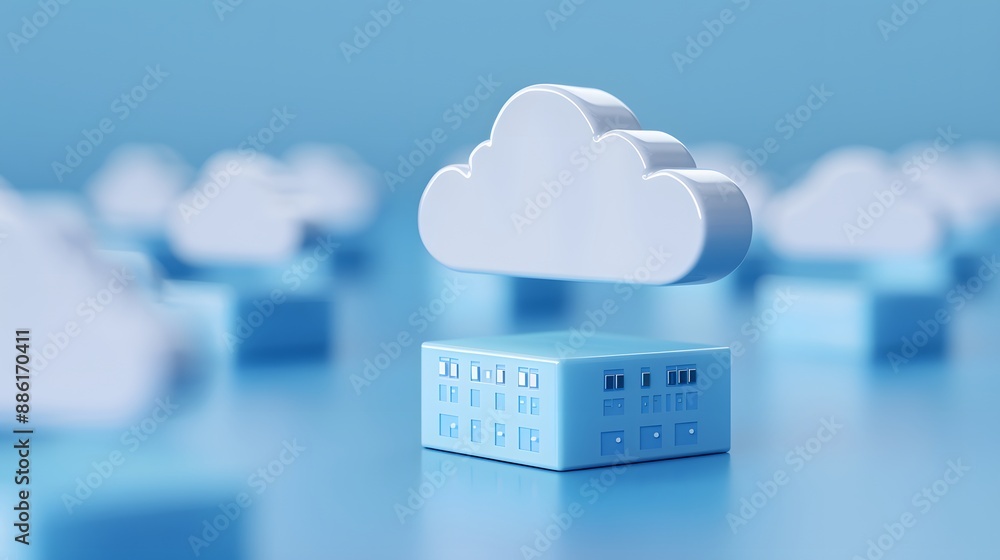 Poster cloud computing technology concept with floating cloud and data centers. blue background and futuris