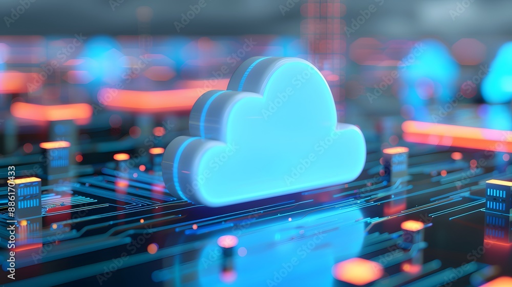 Poster cloud computing technology concept with glowing blue cloud icon over digital circuit board. futurist