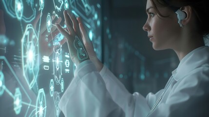 a female doctor touches with a focused gaze at the virtual screen