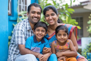 Smiling Indian Family Posing Together Outdoors in Casual and Traditional Attire