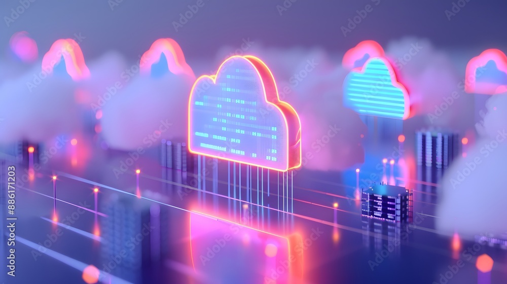 Poster colorful neon cloud computing visual representation with data transfer and digital technology symbol