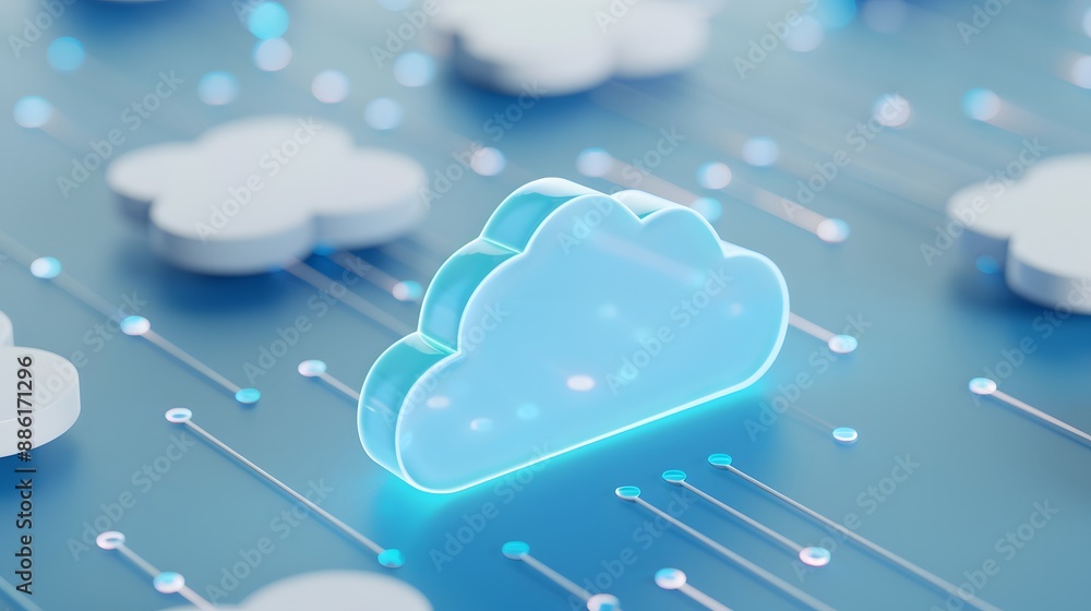 Poster conceptual digital illustration of cloud computing technology with glowing cloud icons connected by 