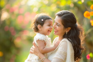 Happy Indian Mother Holding Laughing Baby Daughter in Scenic Garden Setting