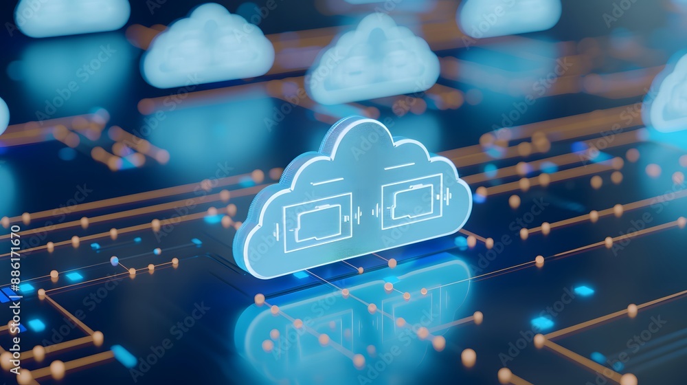 Poster digital cloud computing concept showcasing futuristic technology and data storage solutions via neon