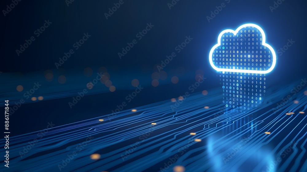 Poster digital cloud computing concept with blue light grid, symbolizing data storage and technology in a f