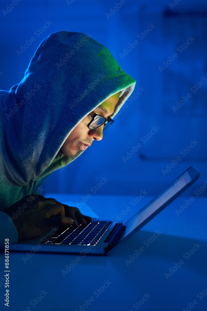 Poster server, black man or hacker coding on laptop for cybercrime, malware or phishing for stealing online