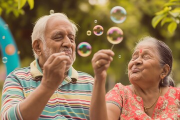 Fototapeta premium Playful Elderly Indian Couple Blowing Bubbles in a Green Garden