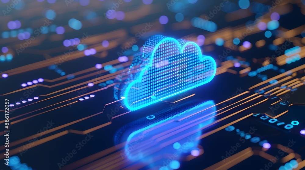 Poster digital cloud computing concept with glowing blue cloud symbol on a circuit board, representing tech