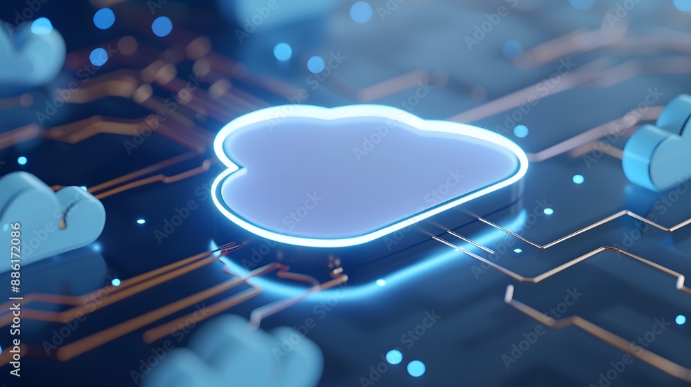 Poster digital cloud computing concept with glowing cloud icon on a futuristic circuit board background, re