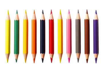 A Spectrum of Color: Fourteen Sharpened Pencils Aligned in a Row on a White or Clear Surface PNG Transparent Background.