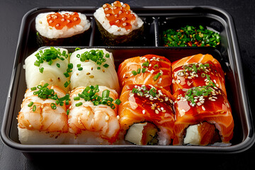 A tray of sushi with a variety of different types of sushi. The sushi is served in a black plastic container