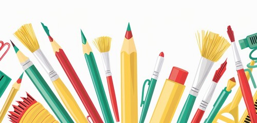 Fototapeta premium Playful design of drawing tools in yellow, red, green.