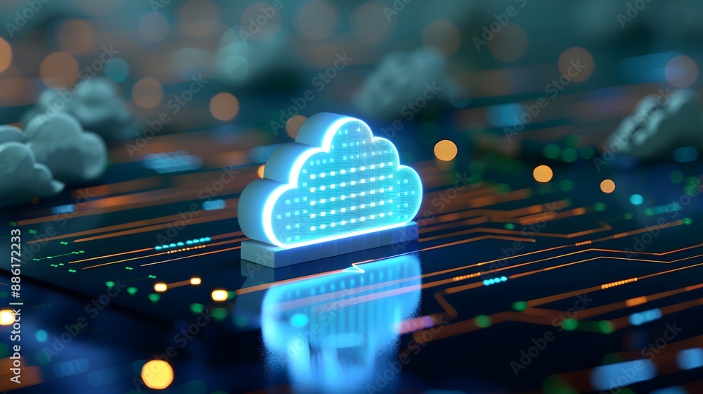 Poster digital cloud computing concept with neon cloud icon and circuit board background, representing data