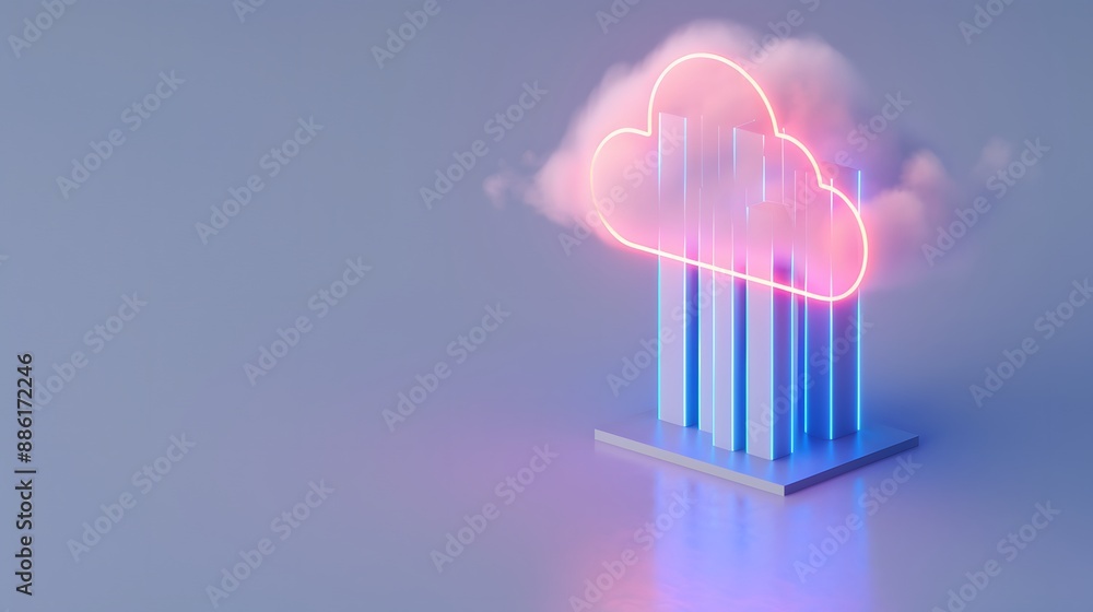 Poster digital cloud computing concept with pink glowing cloud and blue abstract columns representing data 