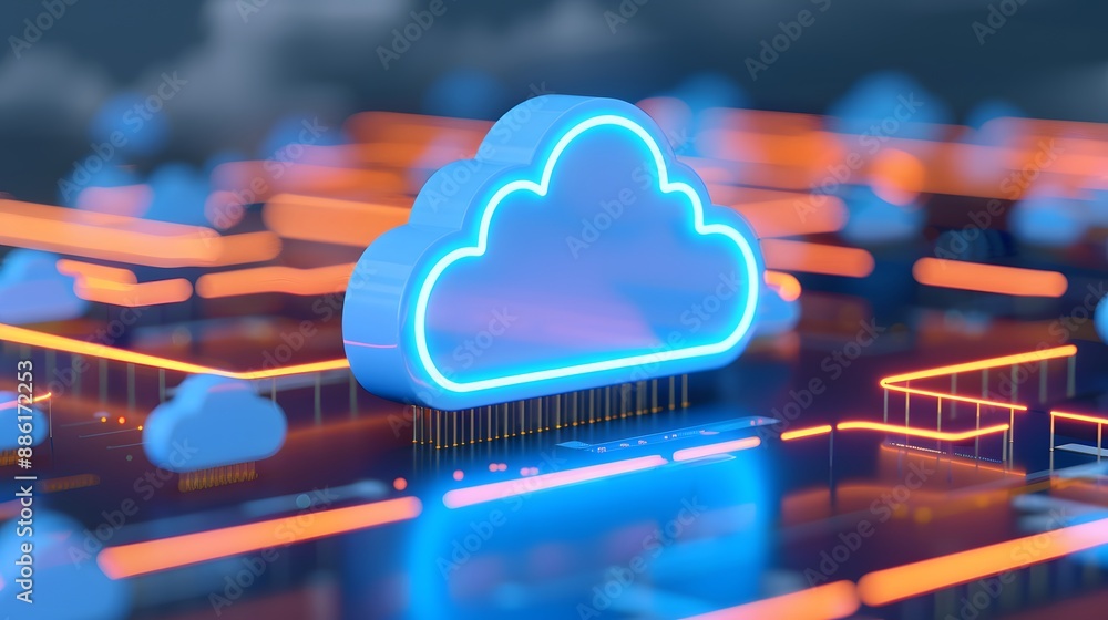 Poster digital cloud computing concept with neon lights. data storage technology and cyber security. futuri