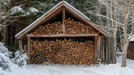 Neatly Stacked Firewood in Woodshed, Ample Fuel for Winter Warmth, Organized Log Storage for Home Heating, Essential Cold Weather Resource, Cozy Winter Preparation