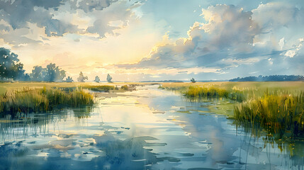Fototapeta premium Serene watercolor landscape of a peaceful river with cloudy sky and lush green fields at sunset.