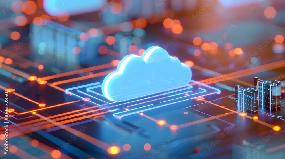 Poster digital cloud data center with glowing circuits, representing modern technology, cloud computing, an