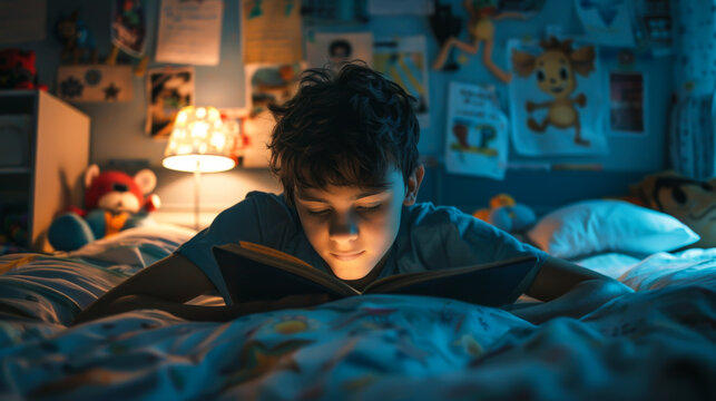 Close-up of a pensive teenager lying on a bed and reading a book in a dark room with dim light. Happy boy studying a book in a room illuminated by a lamp.