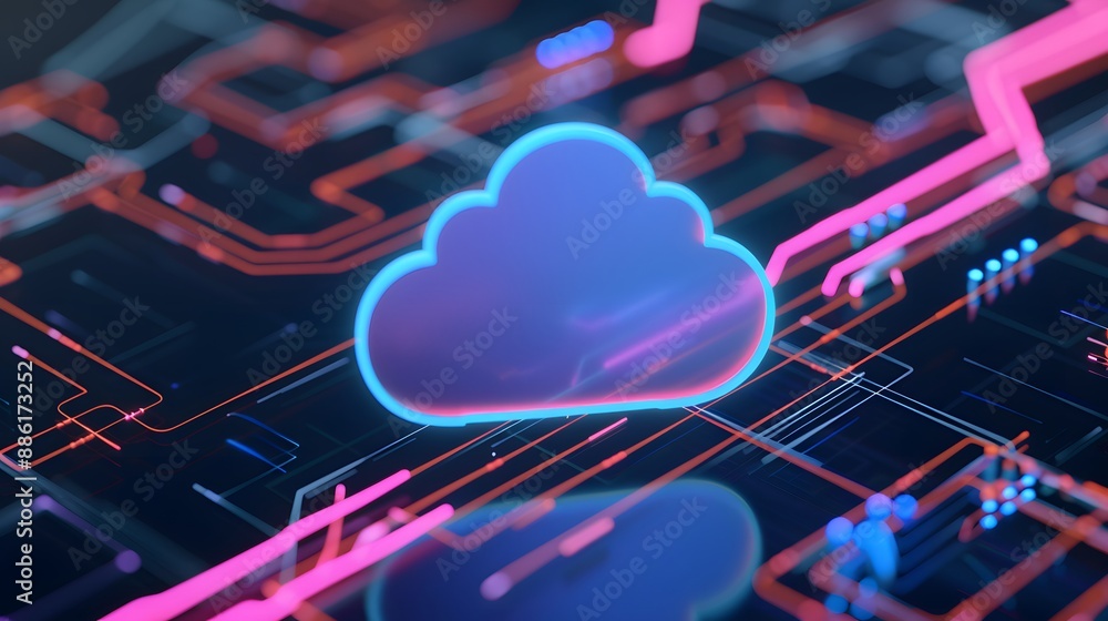 Poster digital cloud icon on futuristic circuit board, representing cloud computing and data storage techno