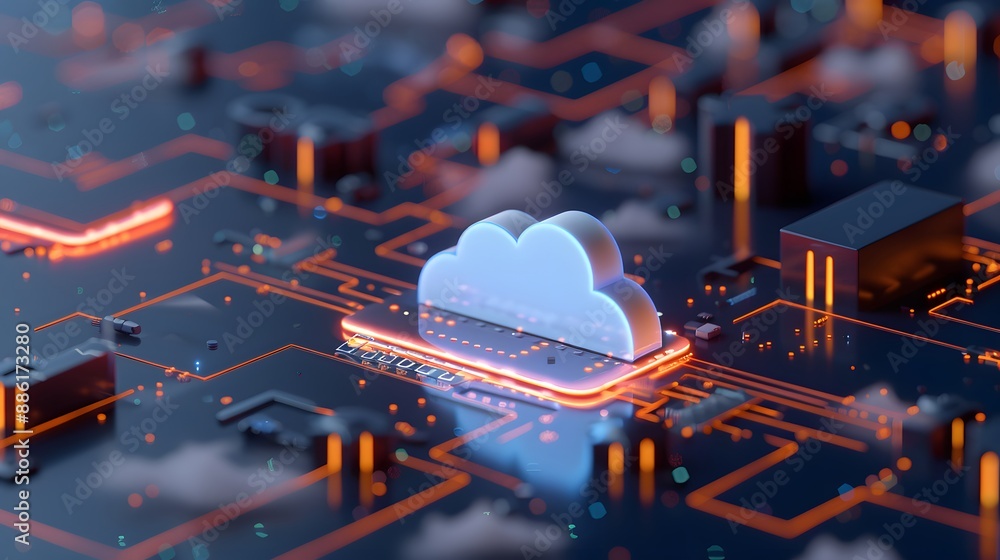 Poster digital cloud icon on futuristic circuit board background, representing cloud computing and data sto