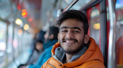 Fototapeta premium Young Indian Man in Orange Jacket Smiling on a Busy Train Ride