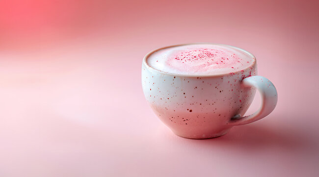 Pink latte in a white cup on pink background. Generative by AI