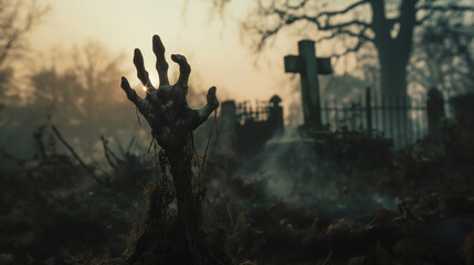 Creepy zombie hands sticking out of the ground at night halloween background